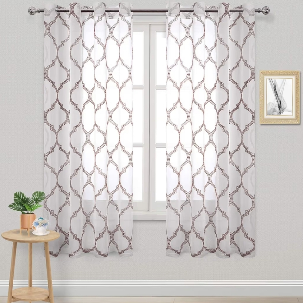 52x63 (2 Panels) Embroidered Geometric Morrocan Tile Pattern Curtains Semi-Sheer